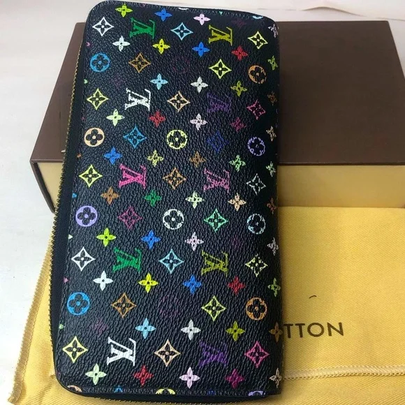LOUIS VUITTON TAKASHI MURAKAMI Black Monogram Multi-Color Long Wallet + LV Box - Picture 4 of 17